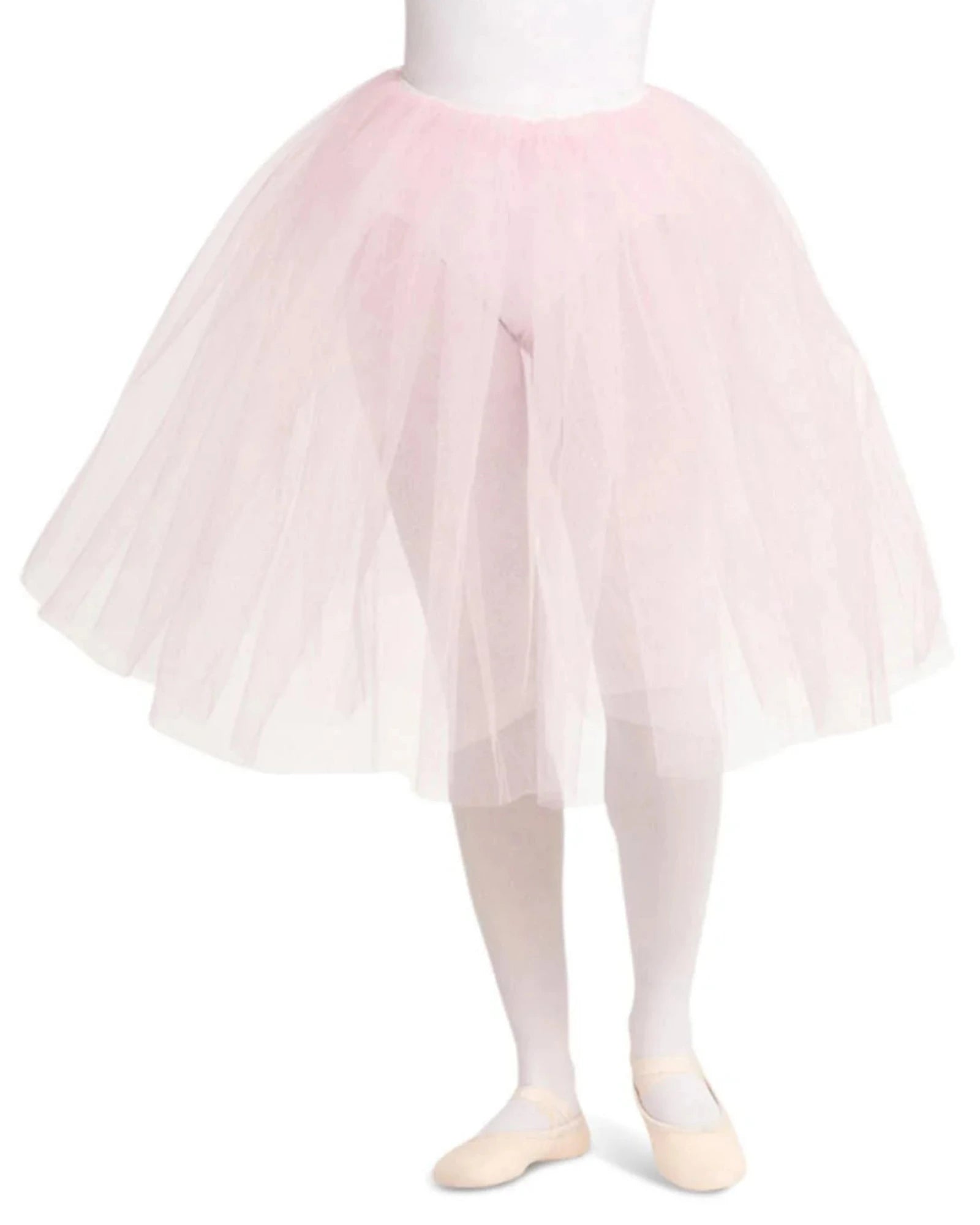 A light pink tulle tutu skirt shown on a child's lower body with white tights and pale pink ballet slippers against a plain white background.