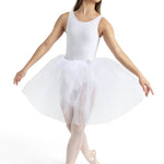 A young ballerina model wearing a white sleeveless leotard, a voluminous white tulle tutu skirt, and light pink pointe shoes, posed against a solid white studio background.