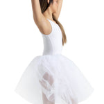 A young ballerina wearing a white sleeveless bodysuit and a voluminous white tulle tutu, shown from the back with her arms raised against a solid white background.