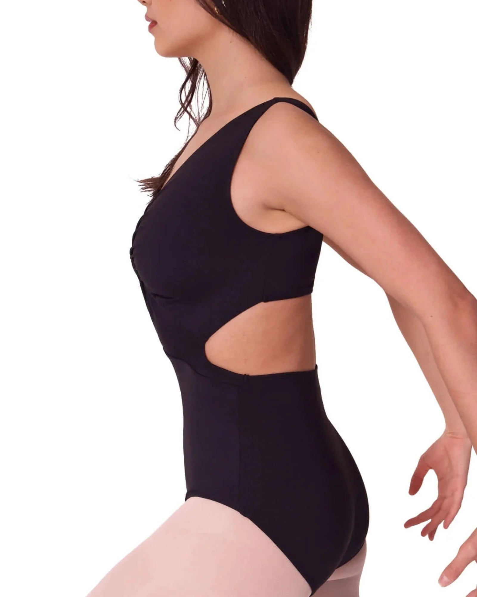 Black leotard with cut-out design worn by a model on a white background