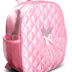 Pink quilted backpack with a bow on a white background