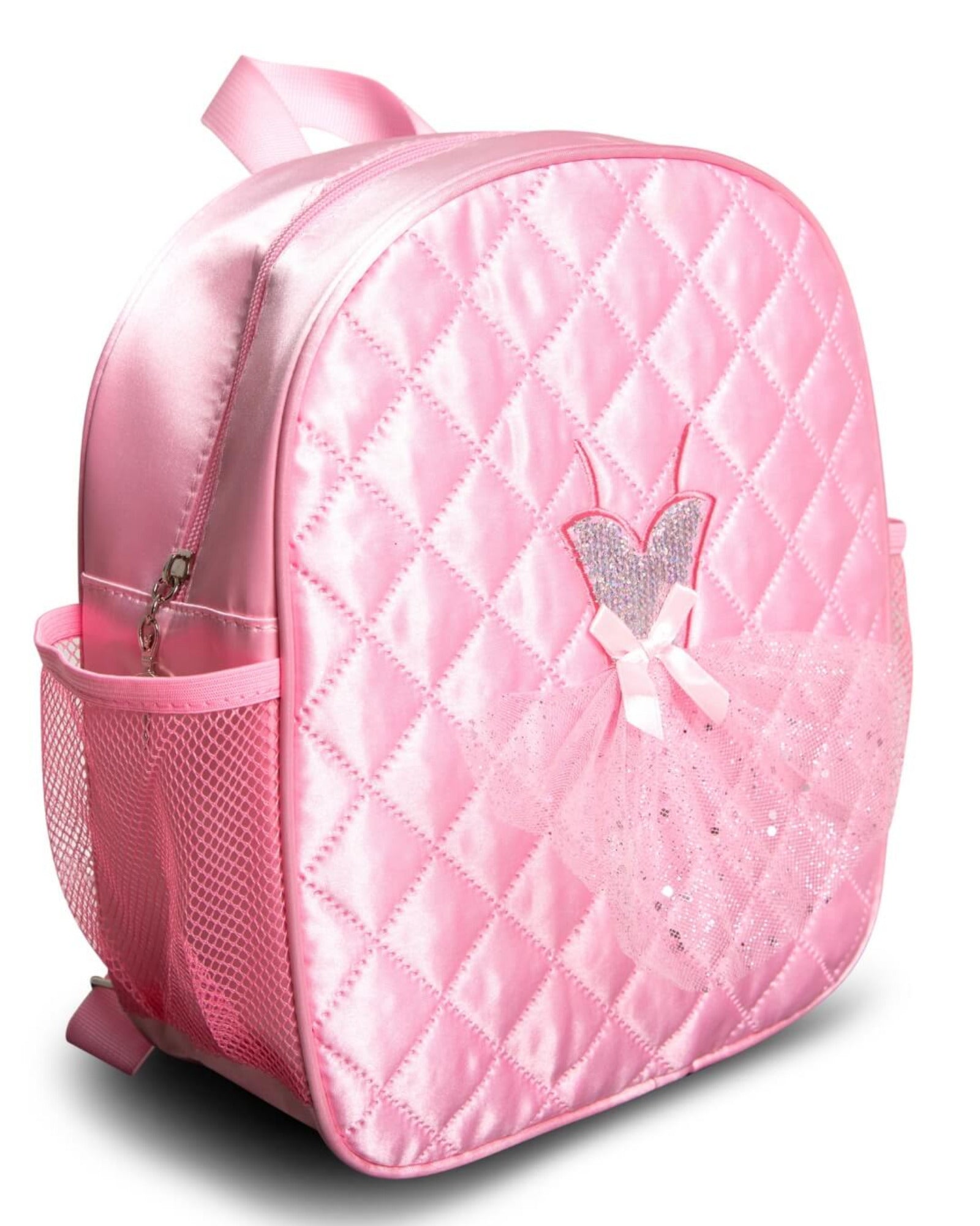 Pink quilted backpack with a bow on a white background