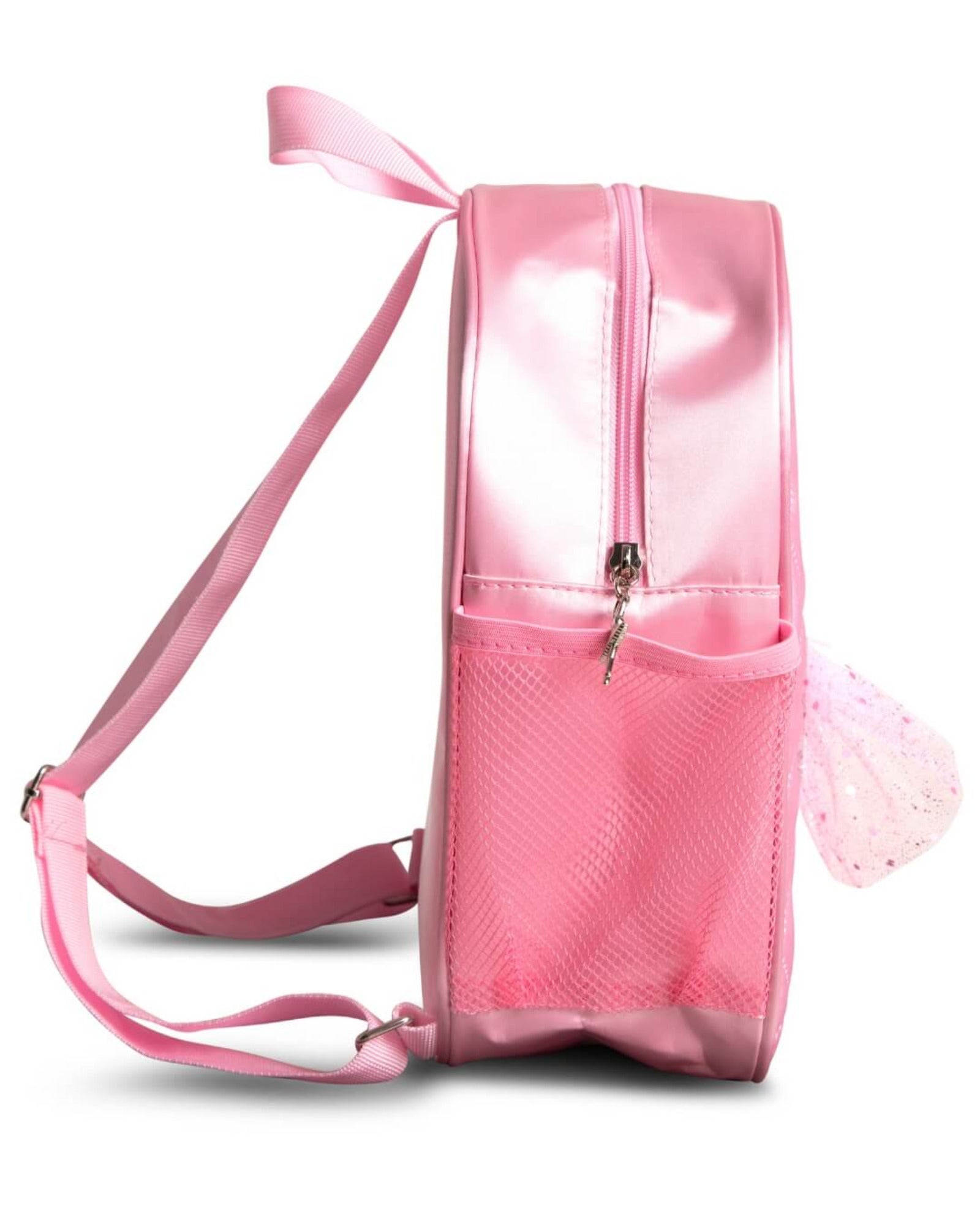 Pink backpack with a bow on a white background