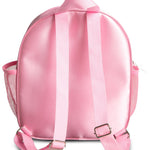 Pink backpack shown from the back, featuring a smooth satin-like finish, two padded shoulder straps, side mesh pockets, and metal buckle details, photographed on a white background.