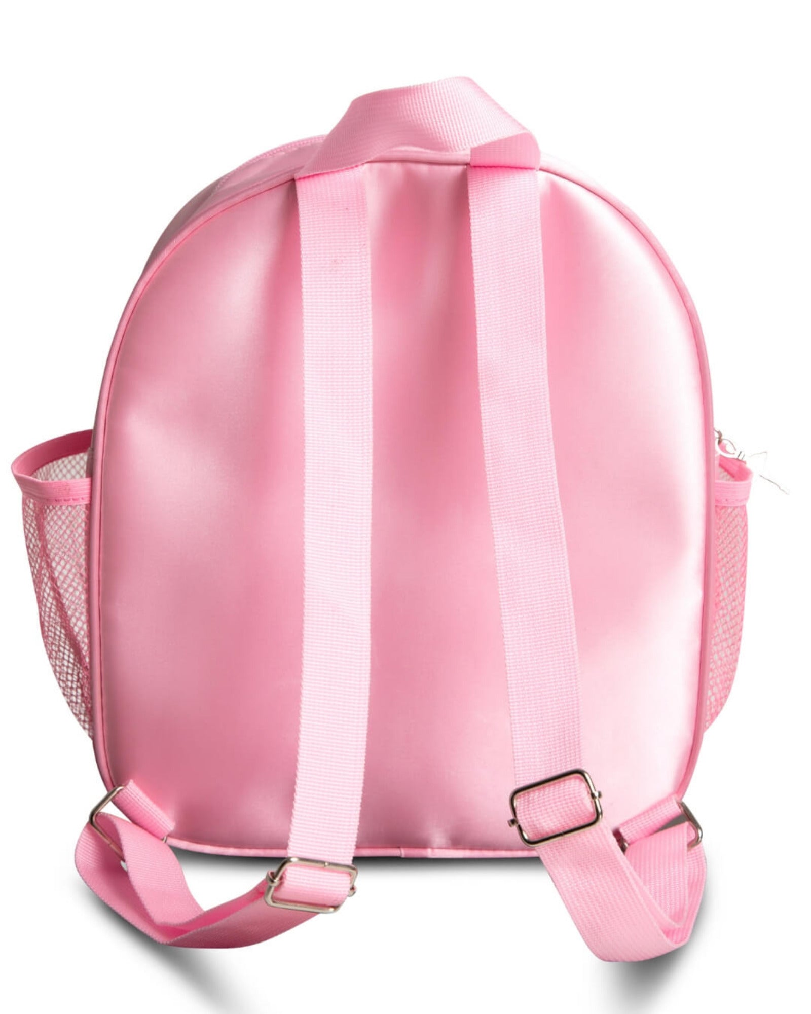 Pink backpack shown from the back, featuring a smooth satin-like finish, two padded shoulder straps, side mesh pockets, and metal buckle details, photographed on a white background.