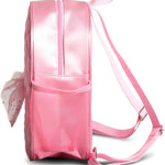 Pink backpack with a bow on a white background