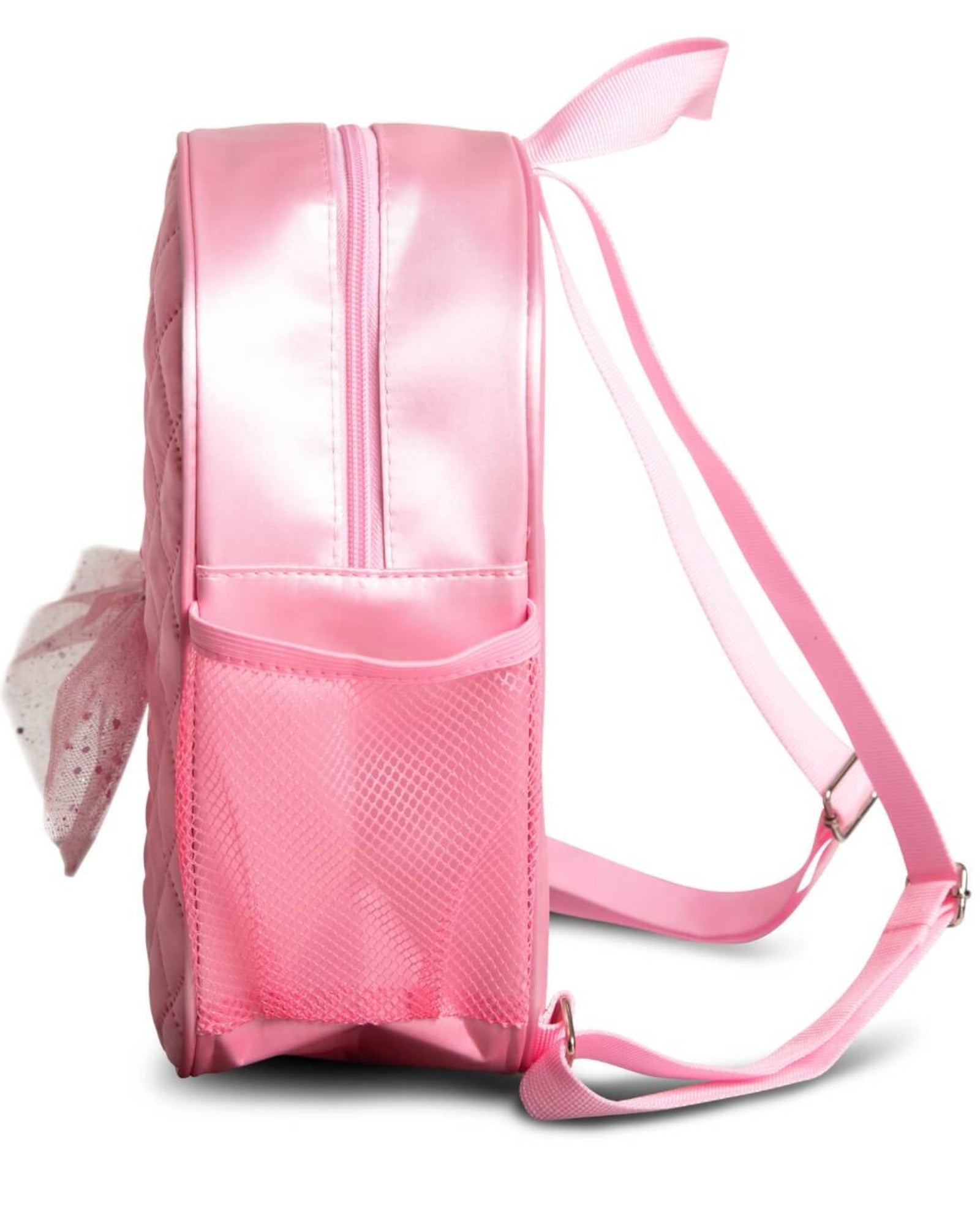Pink backpack with a bow on a white background