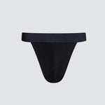A pair of men's low-rise briefs in solid black, shown flat against a light gray background.