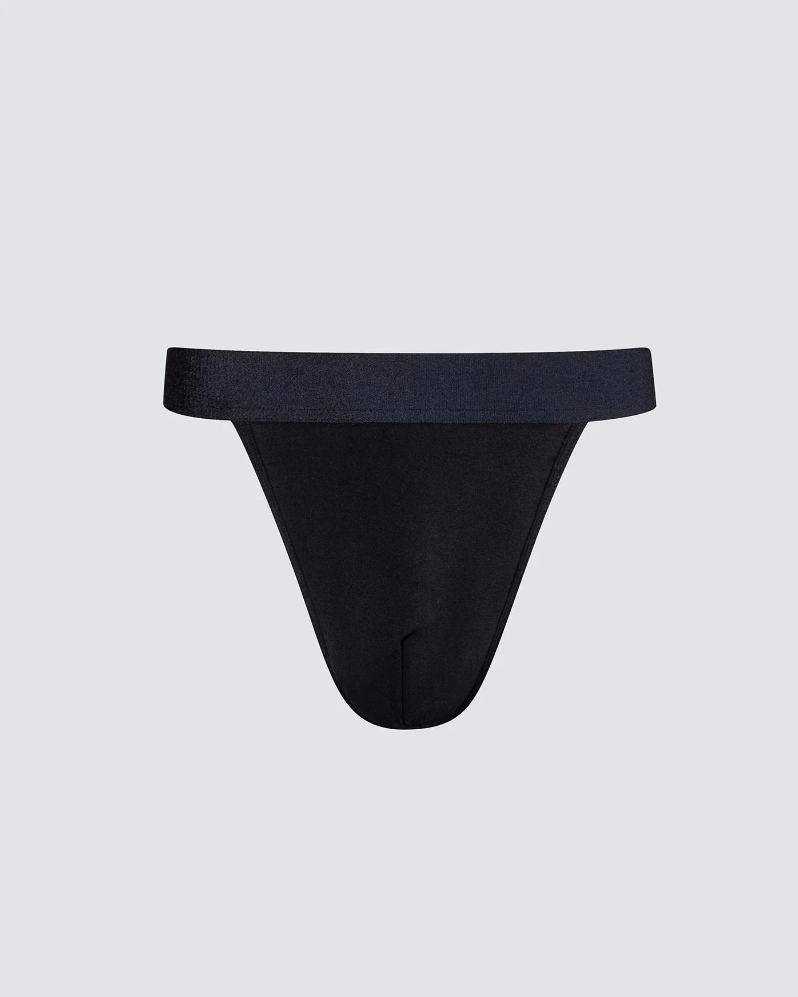 A pair of men's low-rise briefs in solid black, shown flat against a light gray background.