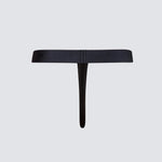 A minimalist black T-shaped belt or waist accessory with a wide horizontal band and a single vertical drop, shown flat against a light gray background.