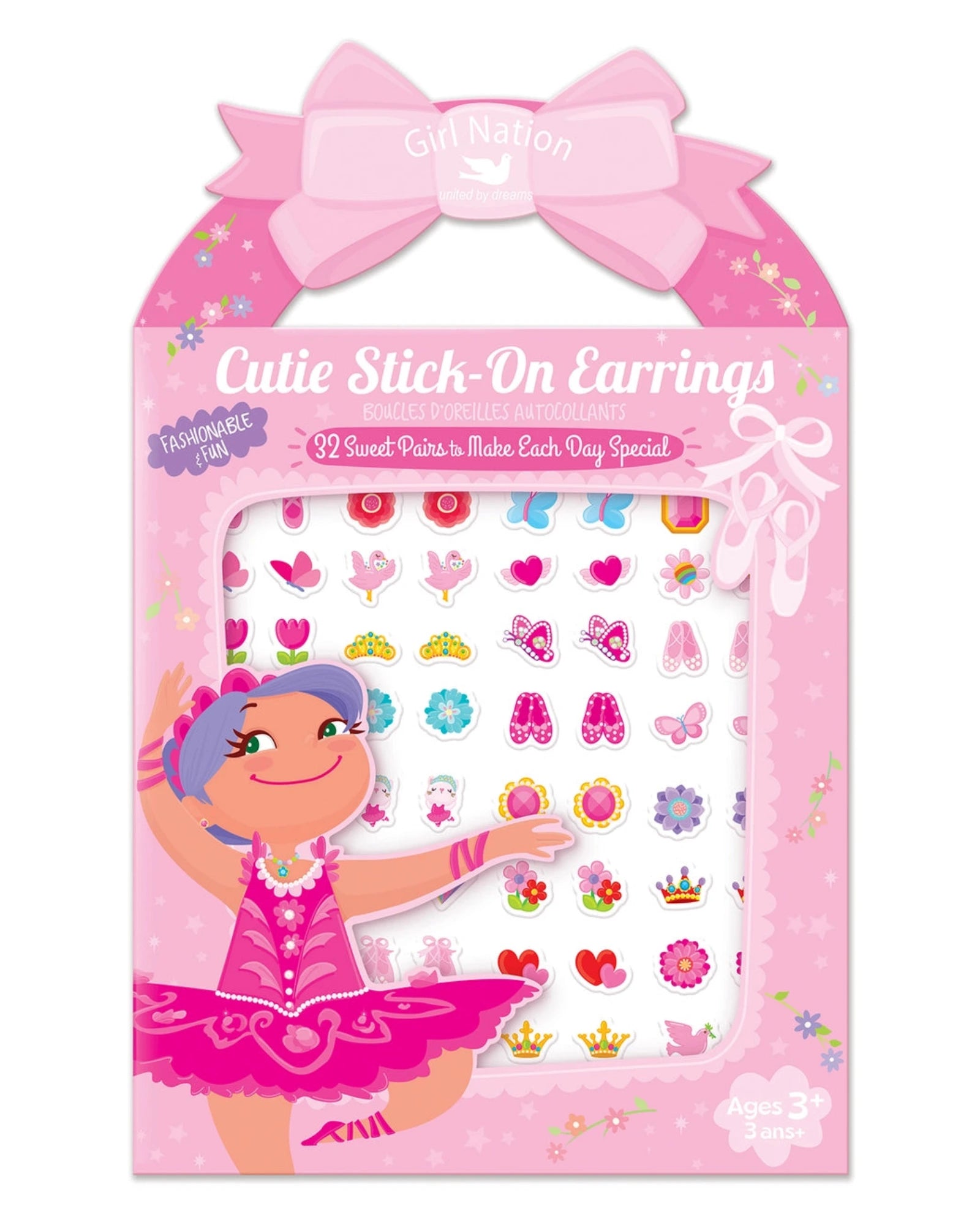 Packaging of Cutie Stick-On Earrings with a cartoon character on a white background