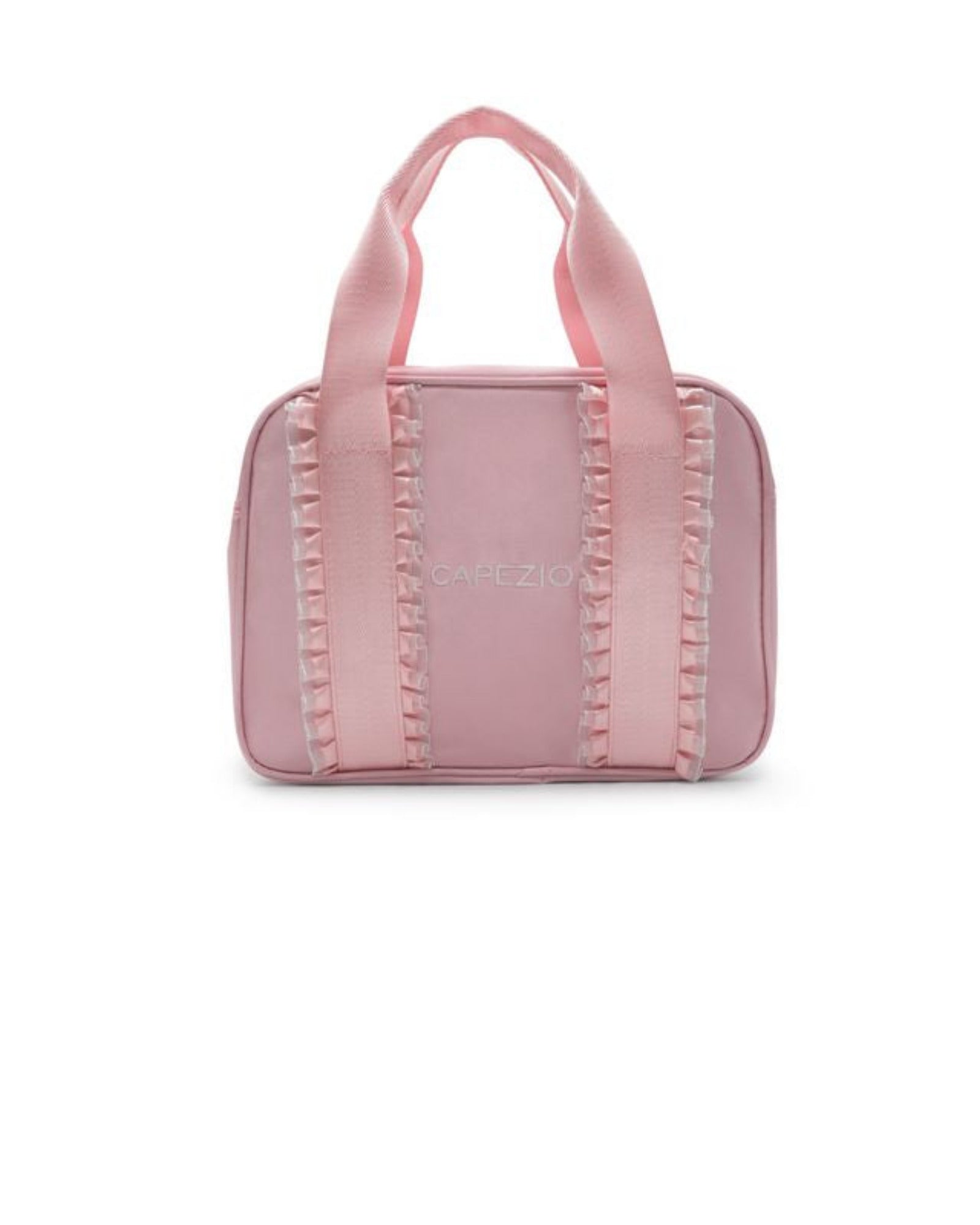 A small pink dance bag with double top handles and decorative vertical stitched details, shown against a plain white background.
