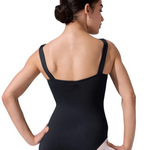 Person wearing a black leotard on a white background