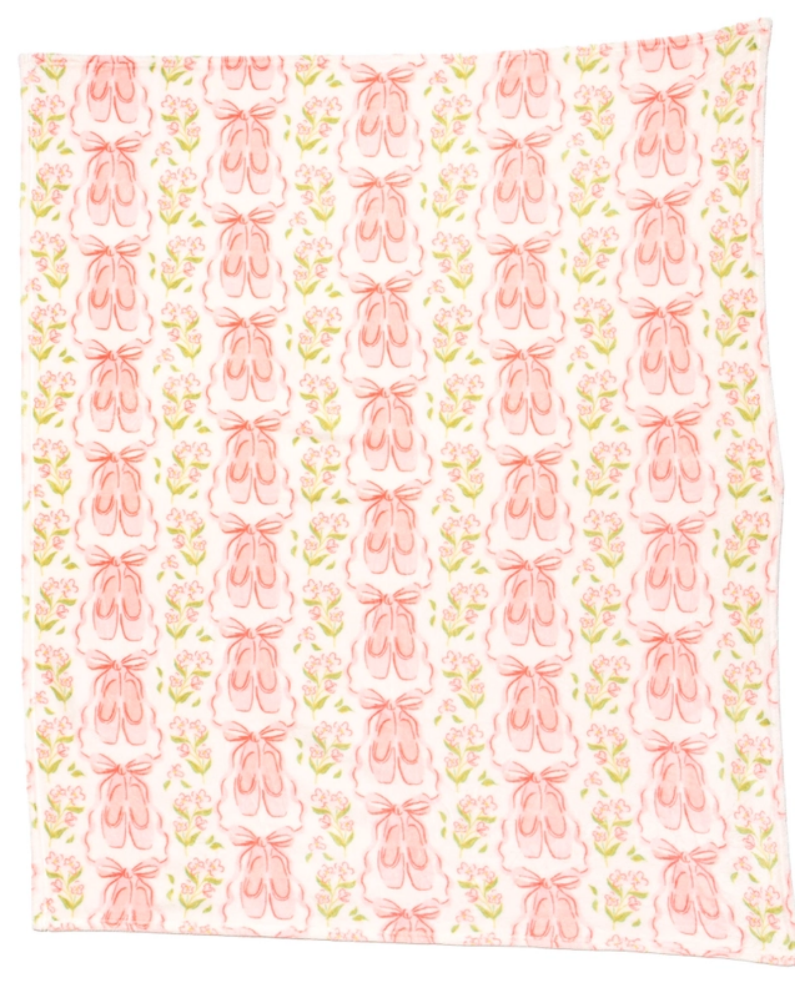 A square fleece blanket repeating pattern of pink ballet slippers and small green leaves on a white background.