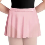 A pink dance skirt worn by a model, paired with a black leotard and light pink tights against a plain white background.