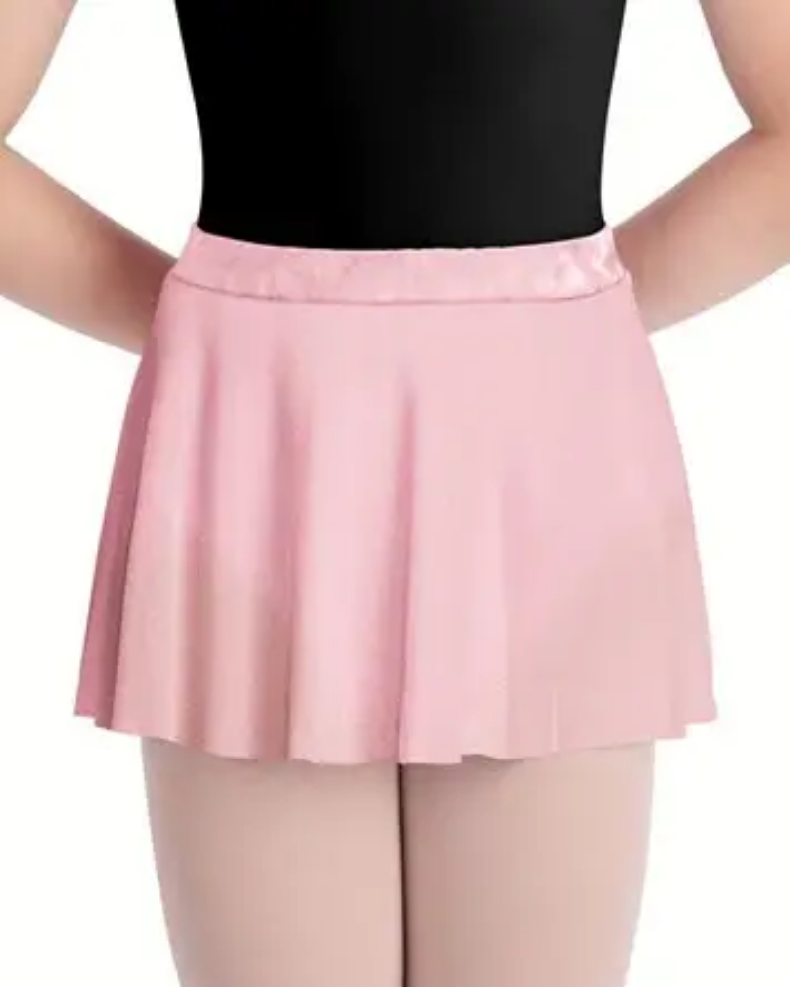 A pink dance skirt worn by a model, paired with a black leotard and light pink tights against a plain white background.