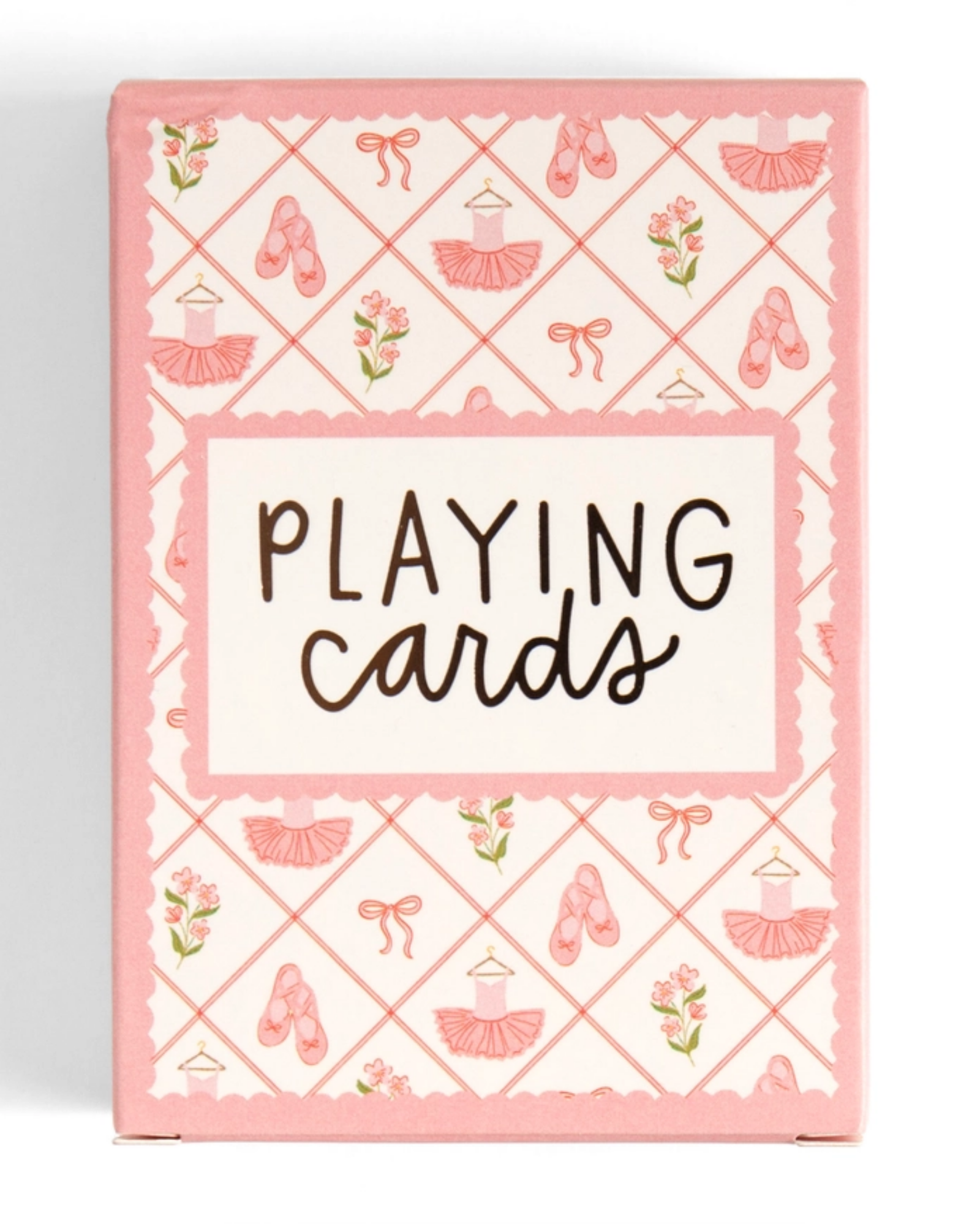 A boxed set of playing cards with a pink and white ballet-themed pattern, featuring illustrations of ballet slippers, tutus, bows, and flowers, with the words 'PLAYING cards' printed on the front.