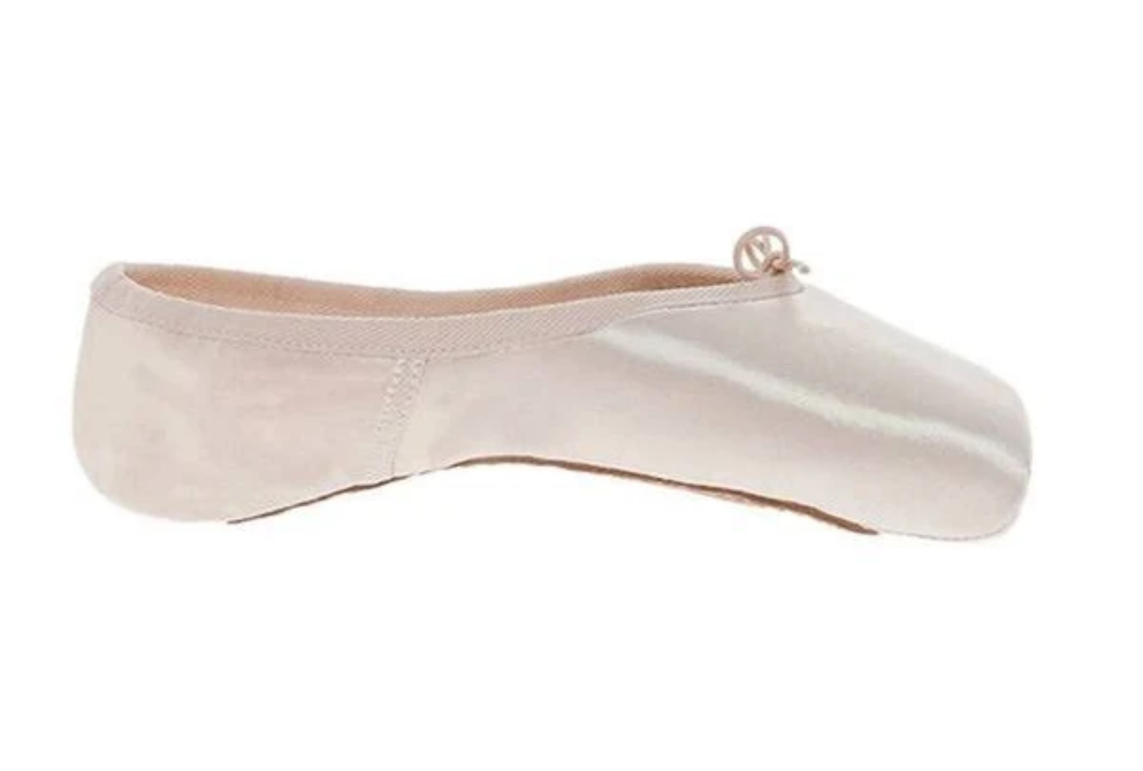 A single pale blush pink satin ballet pointe shoe shown in side profile against a plain white background.