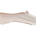 A single pale blush pink satin ballet pointe shoe shown in side profile against a plain white background.