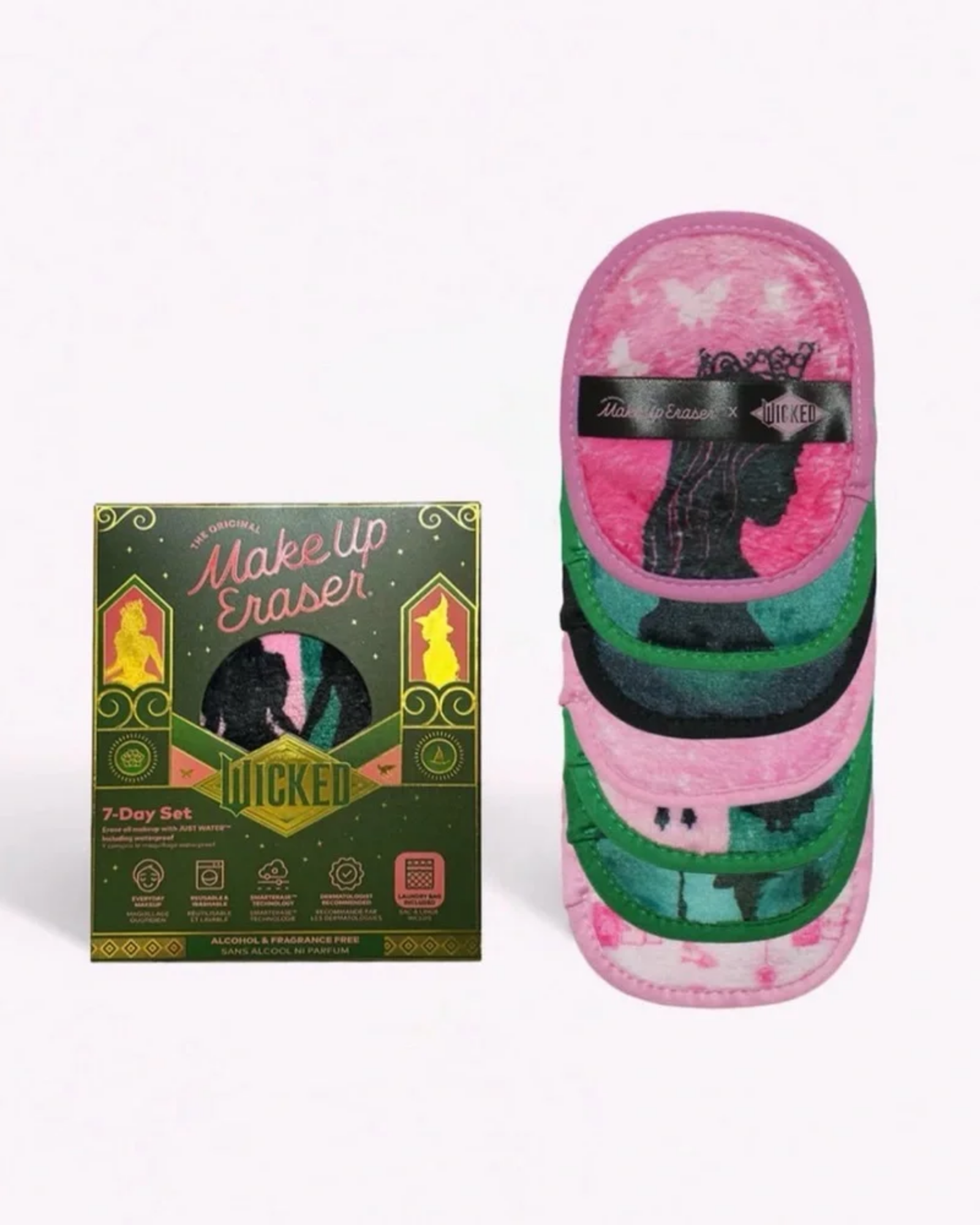 Makeup eraser with colorful design and packaging on a white background