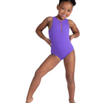Young girl wearing a purple leotard on a white background