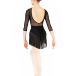 Ballerina wearing a black sheer top and white tights on a white background