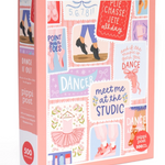 A pink boxed jigsaw puzzle package with illustrated dance-themed panels and text including 'Dancer', 'meet me at the studio', and '500 pieces'.