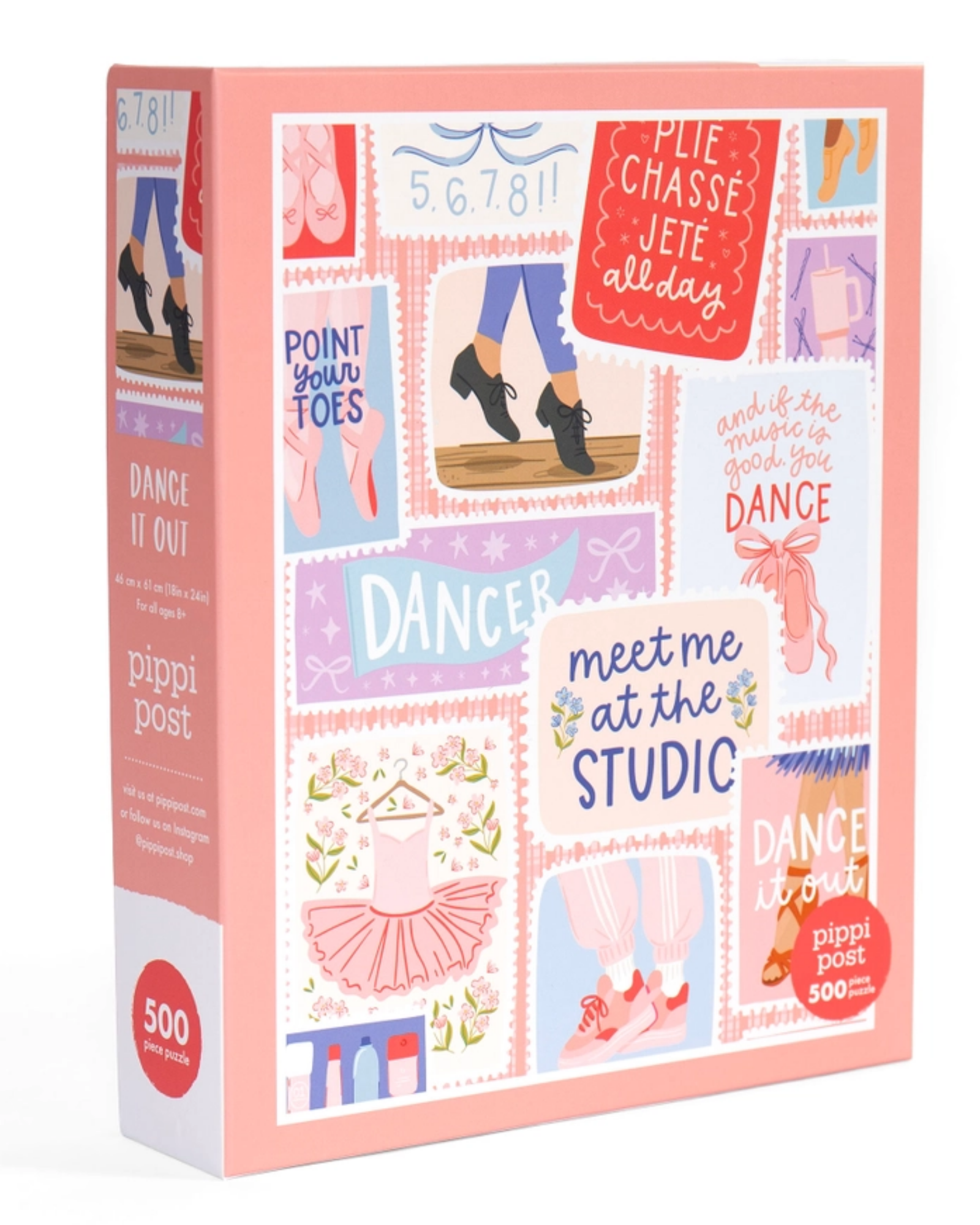 A pink boxed jigsaw puzzle package with illustrated dance-themed panels and text including 'Dancer', 'meet me at the studio', and '500 pieces'.