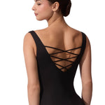 Black leotard with criss-cross back design on a white background