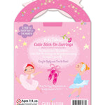 Packaging of ballerina-themed cutie stick-on earrings with pink background and cartoon characters.