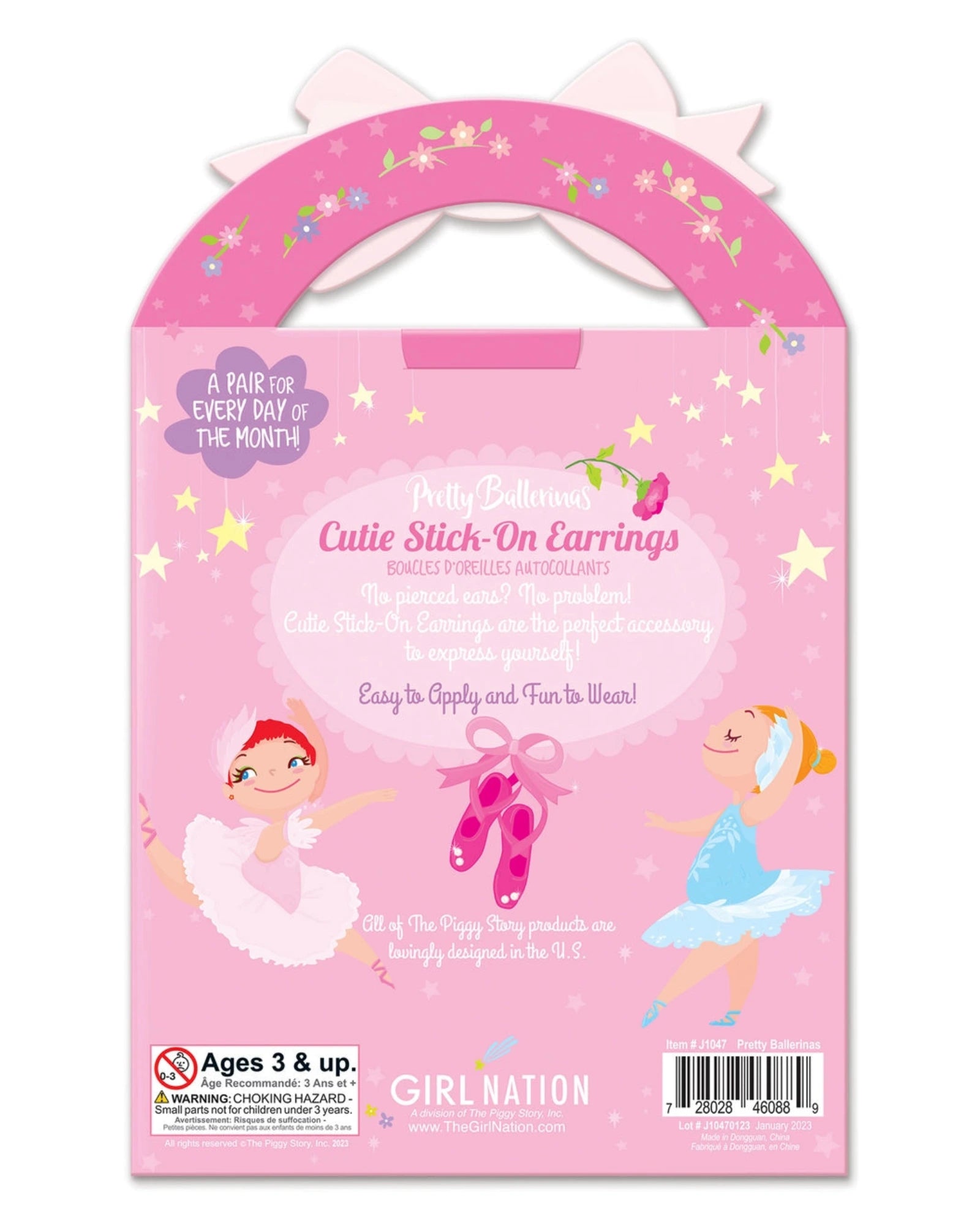 Packaging of ballerina-themed cutie stick-on earrings with pink background and cartoon characters.