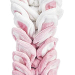 A plush bunny-ear tree stand featuring multiple tiers of soft white and pink bunny ears on a gray circular base, shown against a plain white background.