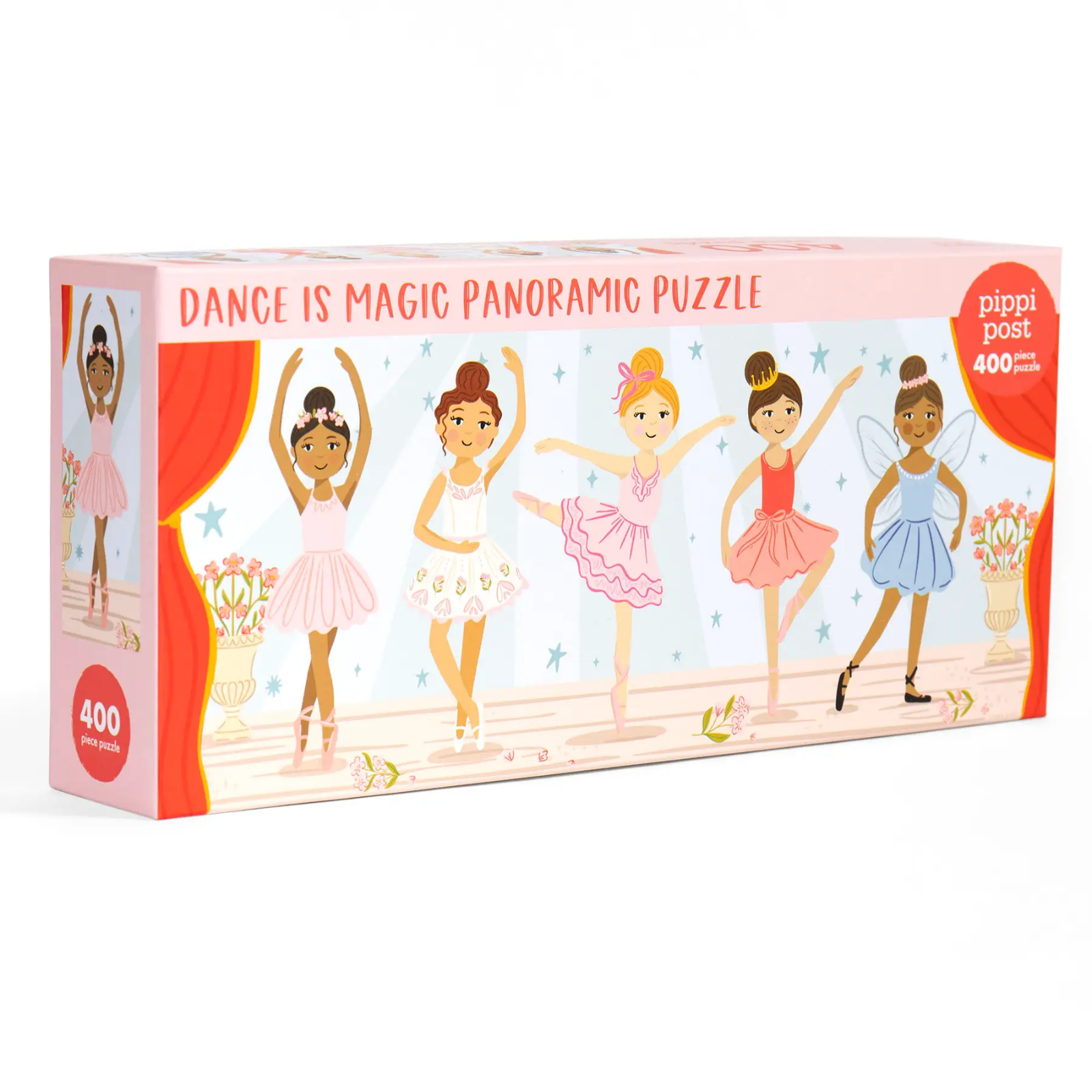 A boxed children's jigsaw puzzle package titled "Dance is Magic Panoramic Puzzle" with an illustration of five ballerinas on a pink stage. The box shows the brand name "pippi post" and "400 pieces" on a clean white background.