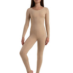 Person wearing a beige bodysuit on a white background