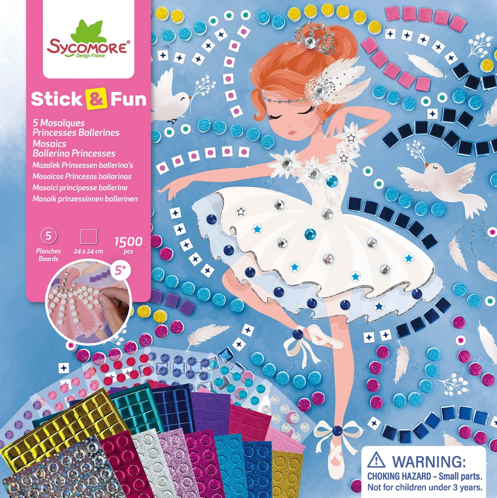 Sycomore Stick & Fun mosaic kit packaging with a ballerina design and colorful mosaic pieces.