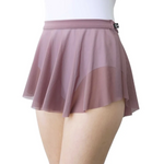 A dusty rose mesh dance skirt with a matching elastic waistband, shown on a mannequin torso against a plain white background.
