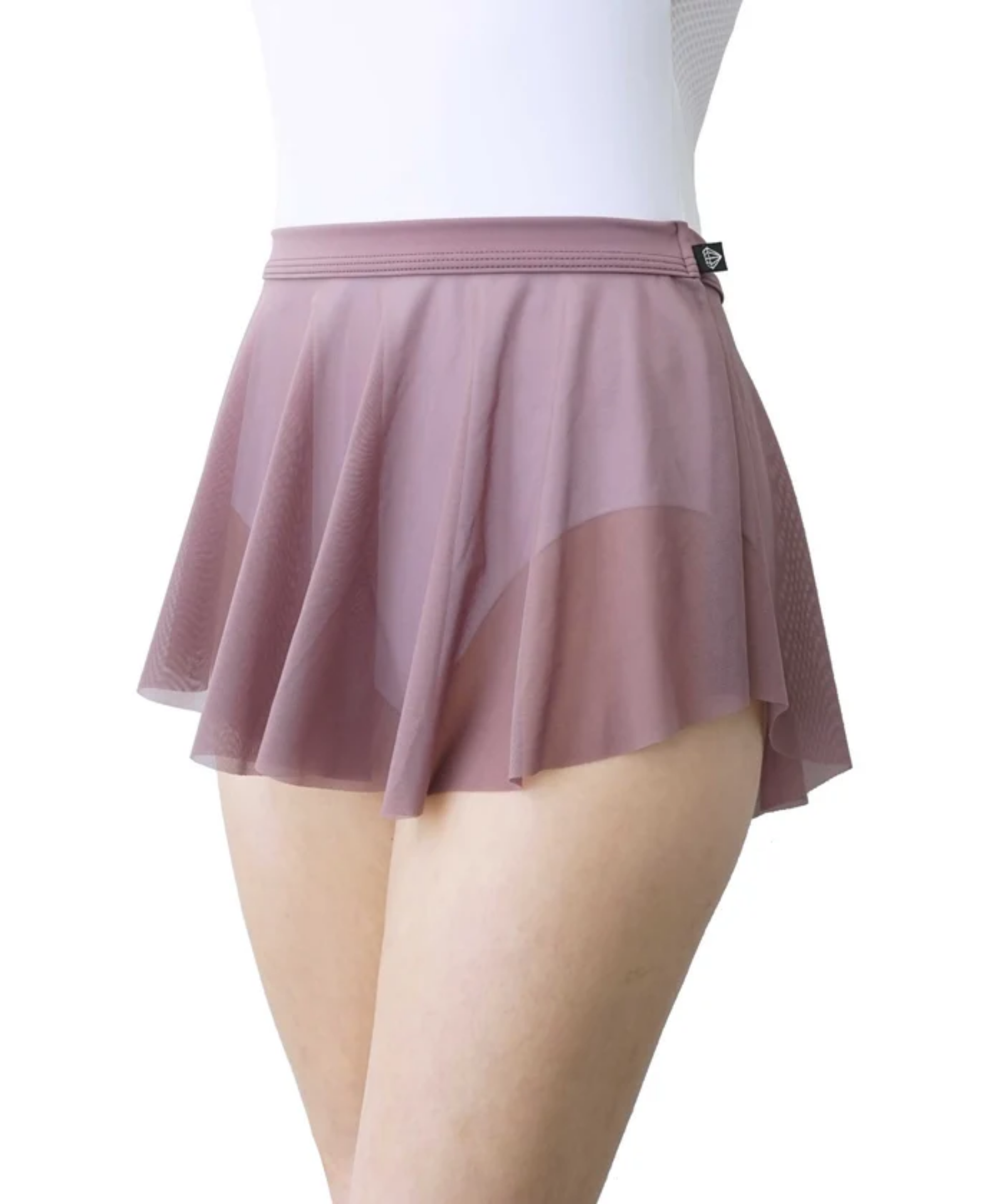 A dusty rose mesh dance skirt with a matching elastic waistband, shown on a mannequin torso against a plain white background.
