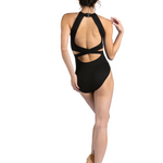 Black leotard with cut-out design on a white background