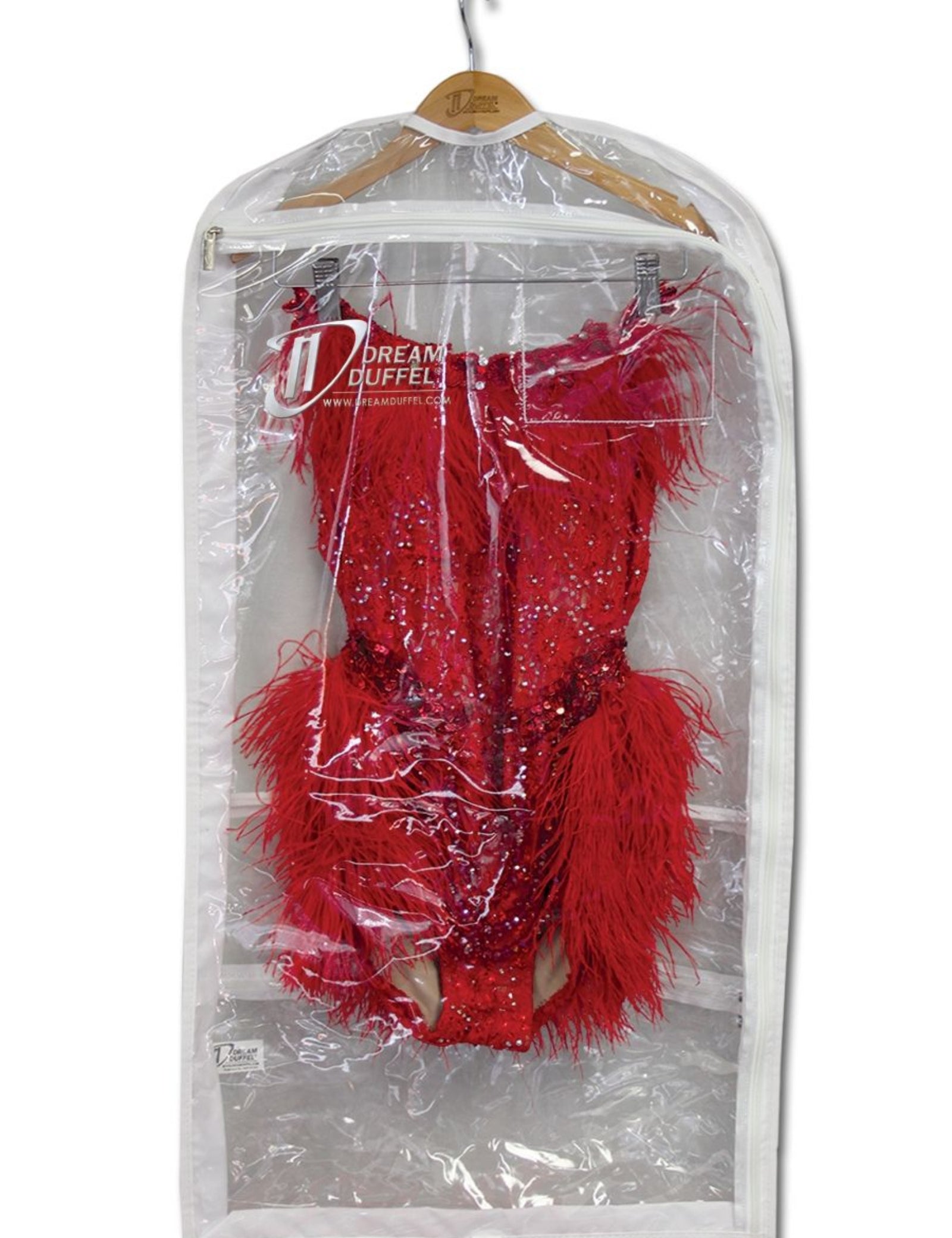 Red dress with feathers in a clear plastic bag on a hanger, branded 'Dream Duffel'.