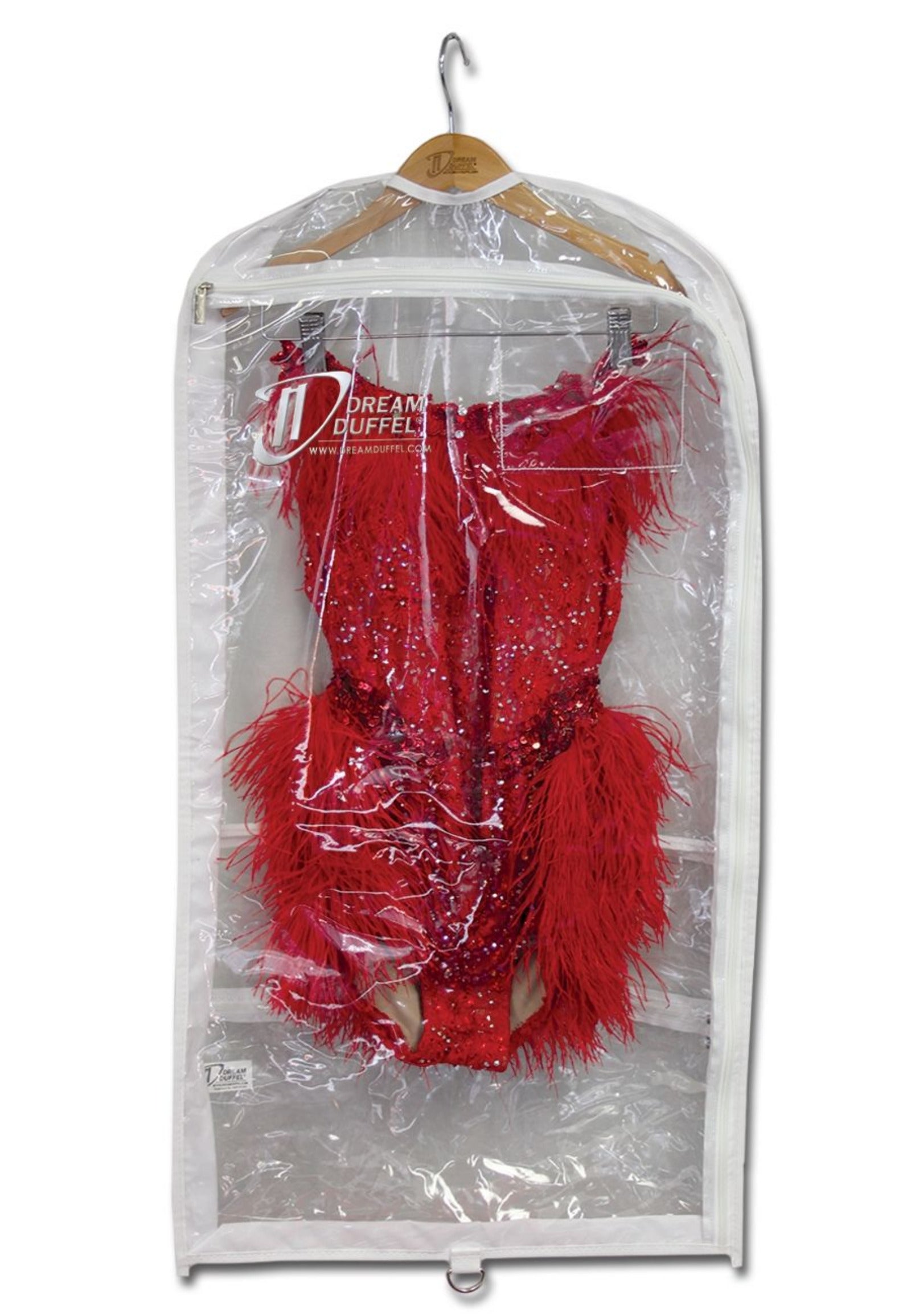 Red dress with feathers in a clear plastic bag on a hanger, branded 'Dream Duffel'.