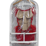 Red dress with beige shoes inside a clear plastic garment bag on a hanger.