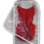 Red dress inside a clear plastic garment bag on a hanger