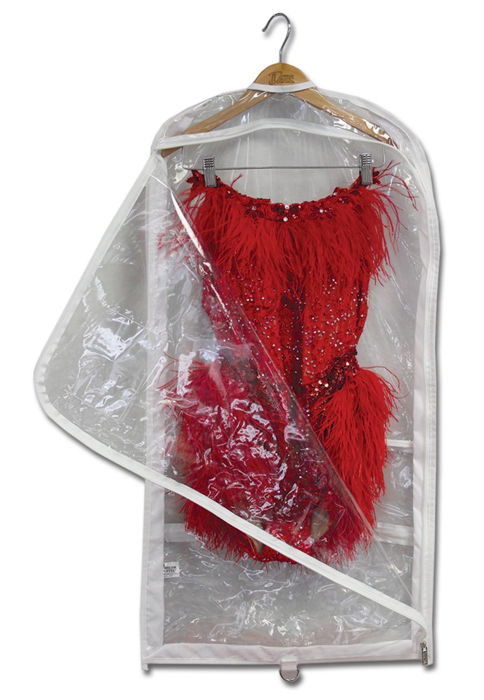 Red dress inside a clear plastic garment bag on a hanger