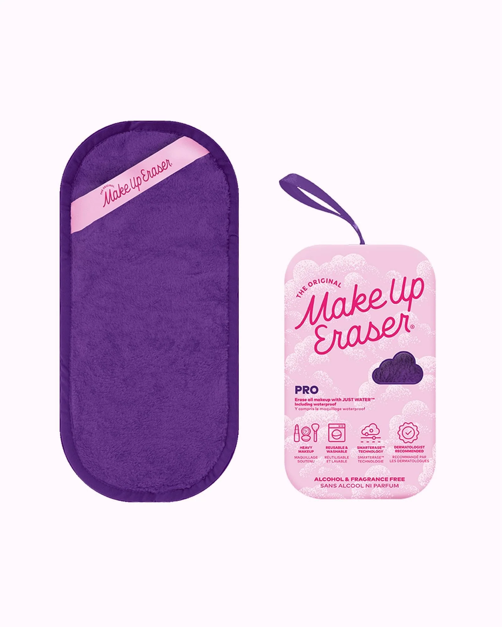 Purple makeup eraser and pink packaging on a white background