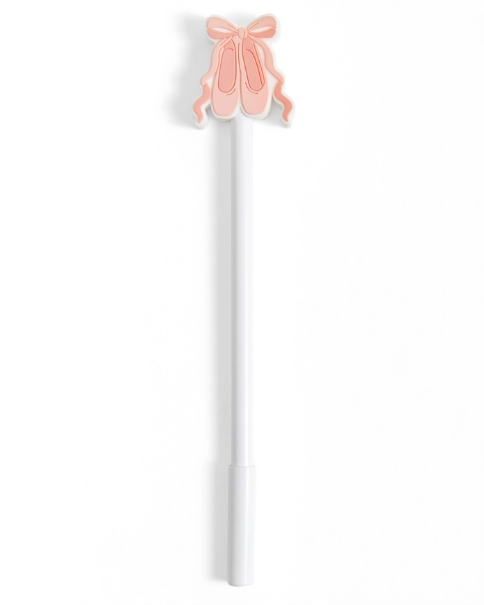 A white pen with a small pink ballet shoe charm at the top, shown on a plain white background.