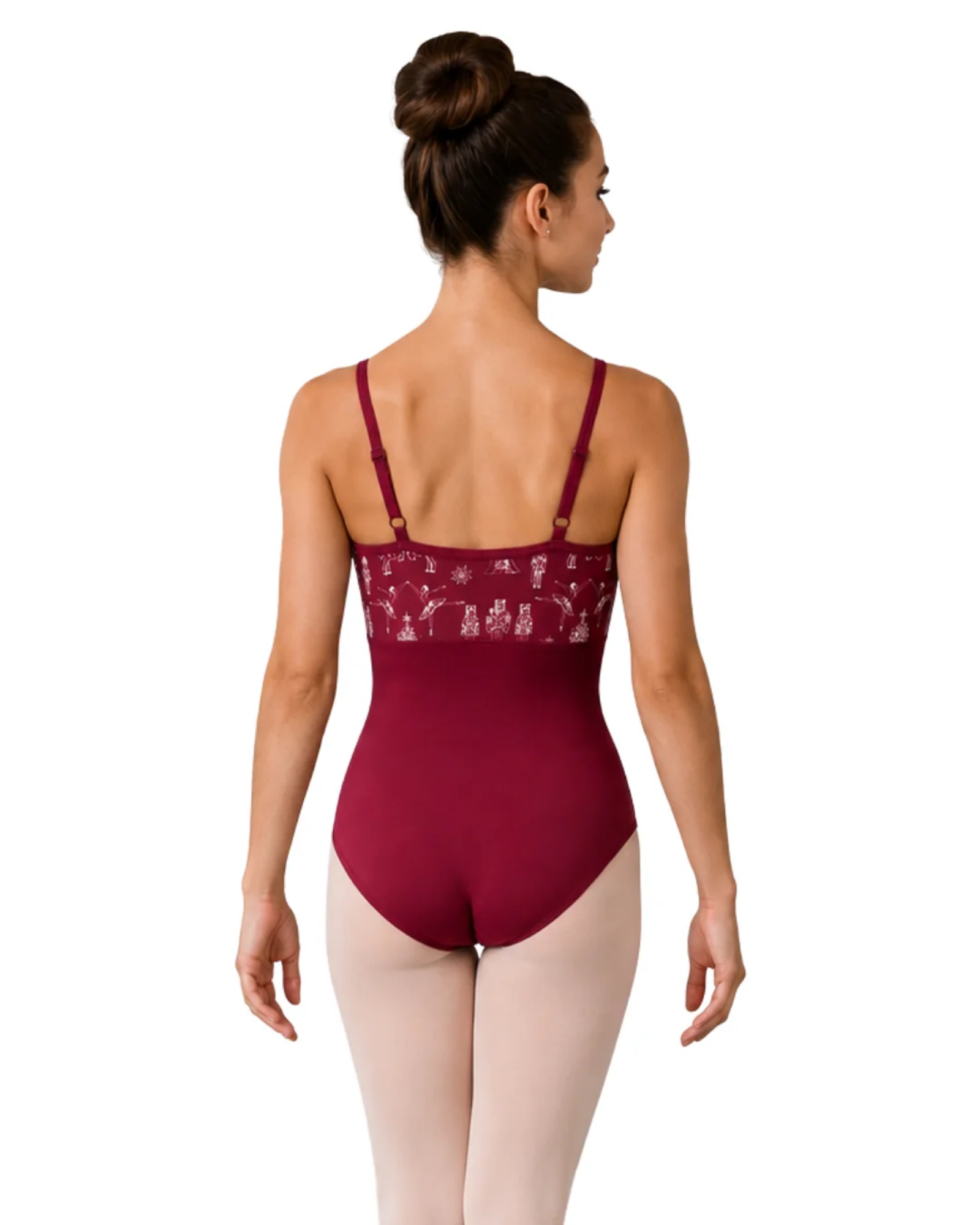 A woman modeling a burgundy ballet leotard from the back, paired with light pink tights, against a solid white background.