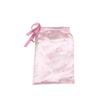 A light pink satin drawstring pouch with a ballet shoe print and a pink ribbon bow, shown on a plain white background.