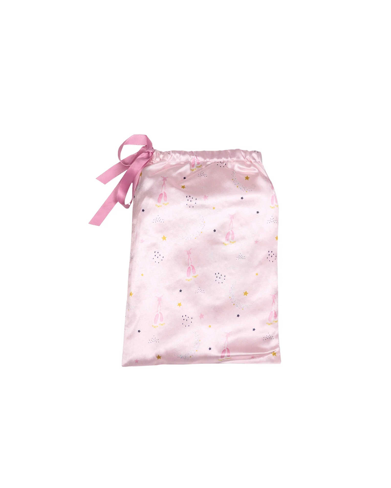 A light pink satin drawstring pouch with a ballet shoe print and a pink ribbon bow, shown on a plain white background.