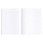An open lined notebook with blank white pages and a single vertical margin line on a plain white background.