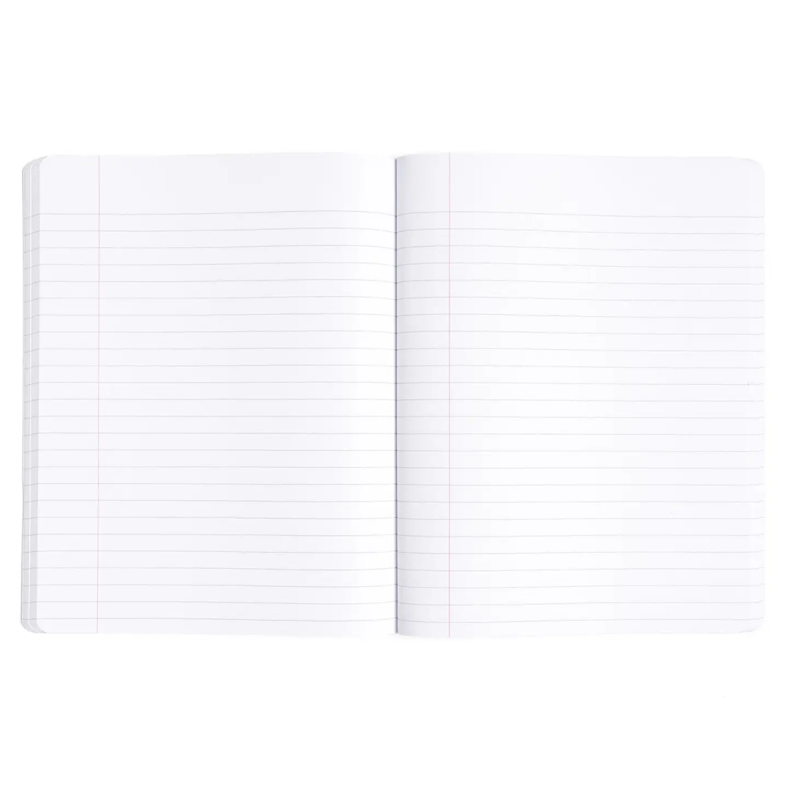 An open lined notebook with blank white pages and a single vertical margin line on a plain white background.